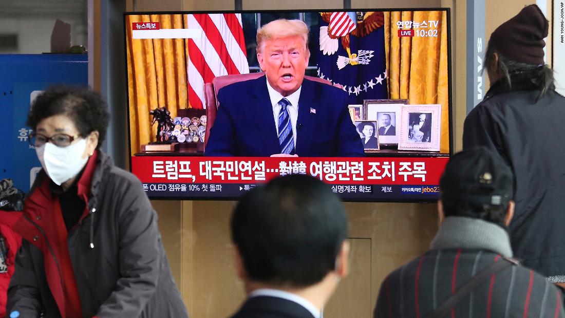 People at a railway station in Seoul, South Korea, watch a live broadcast of US President Donald Trump on March 12. Trump announced that, in an effort to slow the spread of the coronavirus, he would &lt;a href=&quot;https://www.cnn.com/2020/03/11/politics/donald-trump-coronavirus-statement/index.html&quot; target=&quot;_blank&quot;&gt;sharply restrict travel&lt;/a&gt; from more than two dozen European countries.