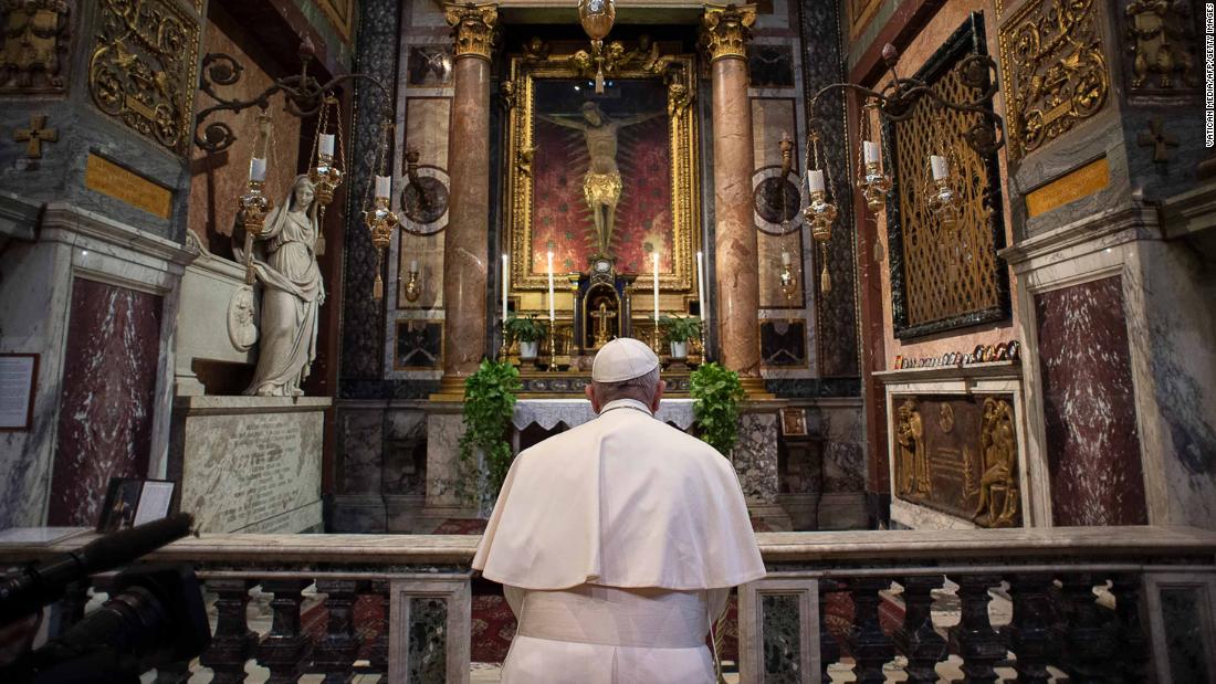 Pope Francis, inside the Church of San Marcello in Rome&#39;s city center,&lt;a href=&quot;https://edition.cnn.com/2020/03/16/europe/pope-francis-prayer-coronavirus-plague-crucifix-intl/index.html&quot; target=&quot;_blank&quot;&gt; prays at a famous crucifix&lt;/a&gt; that believers claim helped to save Romans from the plague in 1522.