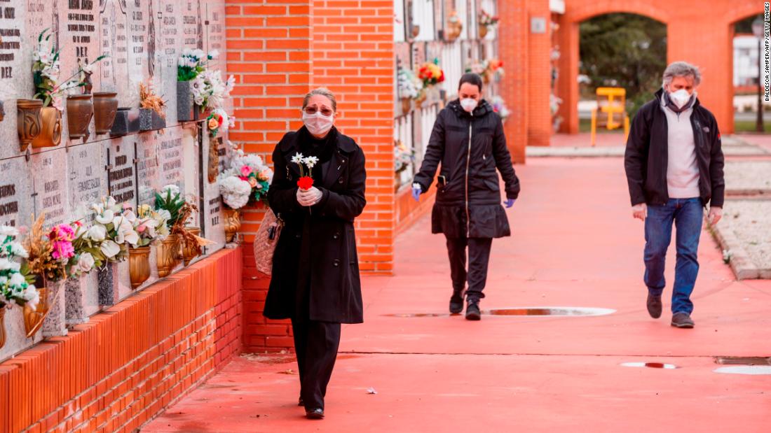 People arrive at the South Municipal Cemetery in Madrid to attend the burial of a man who died from the coronavirus.