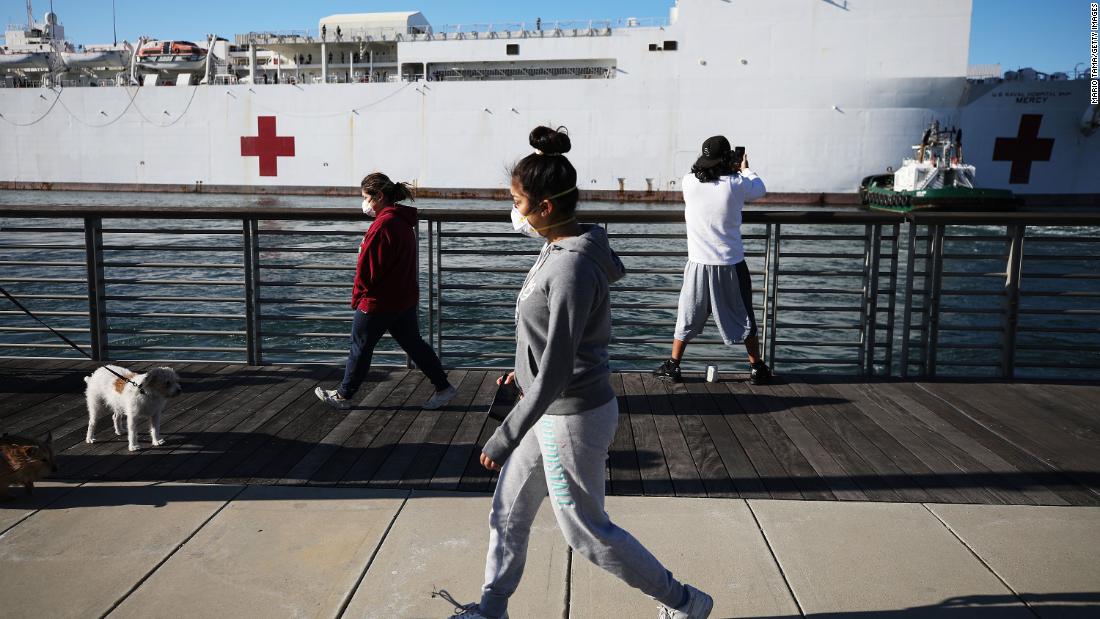 People wearing face masks walk near the USNS Mercy after the Navy hospital ship arrived in the Los Angeles area &lt;a href=&quot;https://www.cnn.com/2020/03/27/us/california-hospital-ship-trnd/index.html&quot; target=&quot;_blank&quot;&gt;to assist local hospitals&lt;/a&gt; dealing with the coronavirus pandemic.