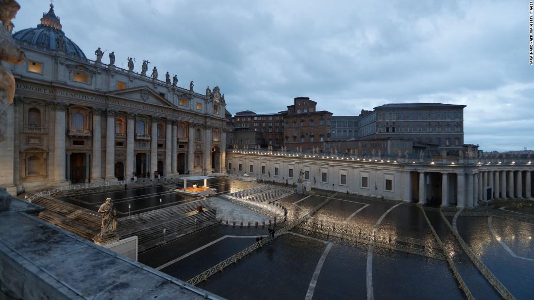 Pope Francis prays in an empty St. Peter&#39;s Square on March 27.