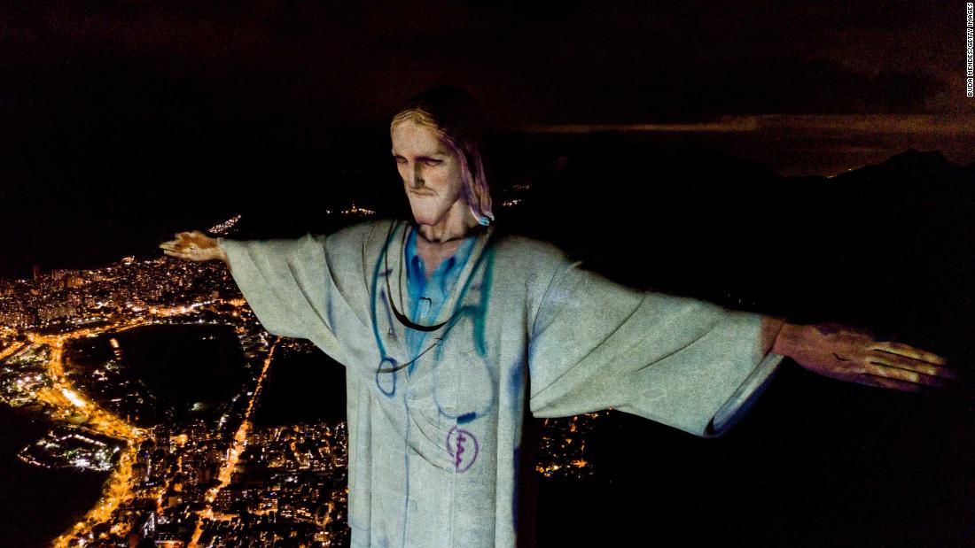 In Rio de Janeiro, the Christ the Redeemer statue was illuminated to make Christ look like a doctor on April 12.