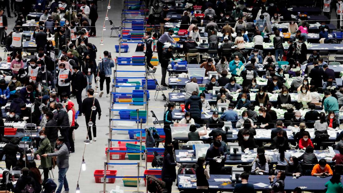 South Korean election officials sort out &lt;a href=&quot;https://edition.cnn.com/2020/04/15/asia/south-korea-election-intl-hnk/index.html&quot; target=&quot;_blank&quot;&gt;parliamentary ballots &lt;/a&gt;at a gymnasium in Seoul on April 15.