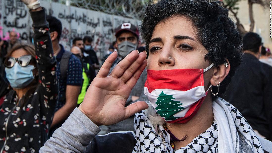 Protesters shout slogans against Lebanese Central Bank governor Riad Salamé as they block Hamra Street in Beirut, Lebanon, on April 23. Anti-government protesters have been demonstrating in Beirut as they continue to endure one of its worst-ever economic crises. 