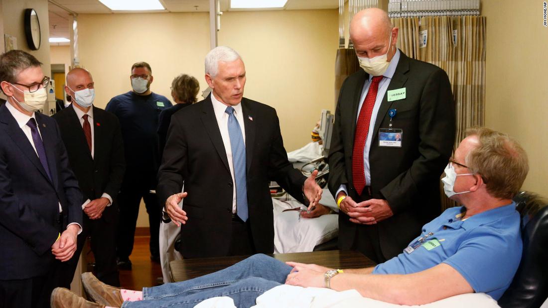 US Vice President Mike Pence visits Dennis Nelson, a patient who survived the coronavirus and was going to give blood, during a tour of the Mayo Clinic in Rochester, Minnesota, on April 28. &lt;a href=&quot;https://www.cnn.com/2020/04/28/politics/mike-pence-mayo-clinic-mask/index.html&quot; target=&quot;_blank&quot;&gt;Pence chose not to wear a face mask during the tour&lt;/a&gt; despite the facility&#39;s policy that&#39;s been in place since April 13. Pence told reporters that he wasn&#39;t wearing a mask because he&#39;s often tested for coronavirus.