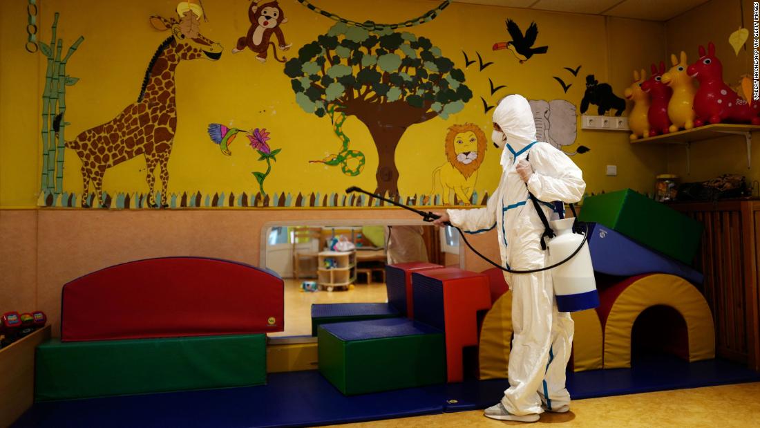 A nursery is disinfected in Cannes, France, on May 6. Nurseries in France were to gradually reopen on May 11.