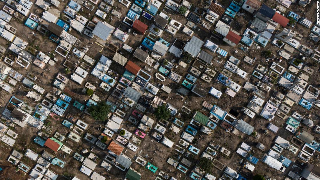 The San Isidro cemetery in Mexico City, which was temporarily closed to the public to limit the spread of Covid-19, is seen in this aerial photo from May 10.